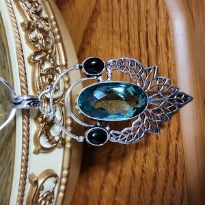 Aquamarine and Black Onyx Handmade Pendant 3.4" / 925 Stamped